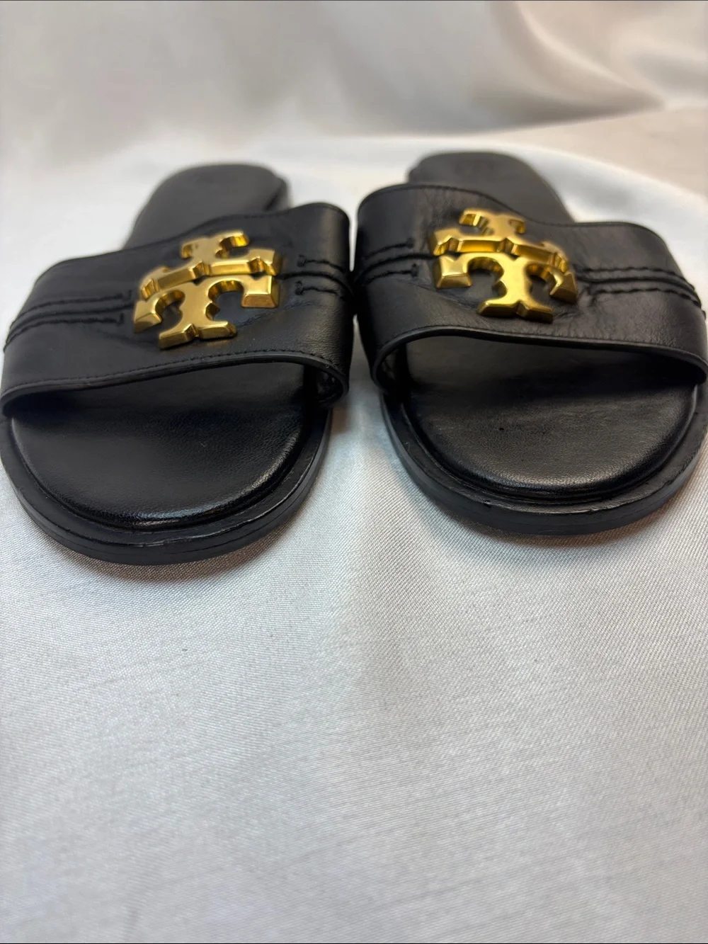 Tory Burch Black Leather Slides with Gold Double-T Emblem
